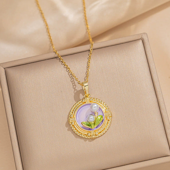 Women's Oil Painting Style Leaf Shaped Necklace Copper Titanium Steel Baroque Elegant Niche Light Luxury French Retro Allmatch Electroplated In Vacuum Furnace