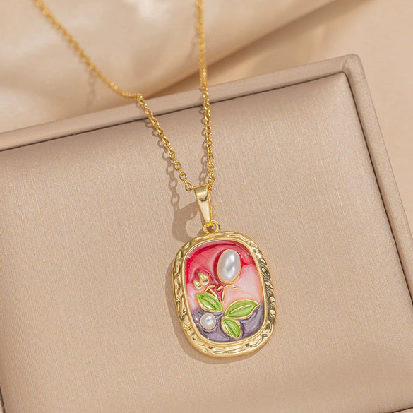 Women's Oil Painting Style Leaf Shaped Necklace Copper Titanium Steel Baroque Elegant Niche Light Luxury French Retro Allmatch Electroplated In Vacuum Furnace