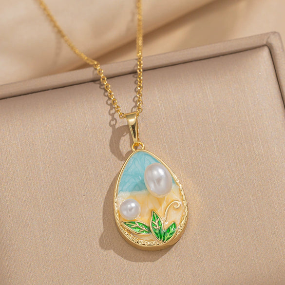 Women's Oil Painting Style Leaf Shaped Necklace Copper Titanium Steel Baroque Elegant Niche Light Luxury French Retro Allmatch Electroplated In Vacuum Furnace