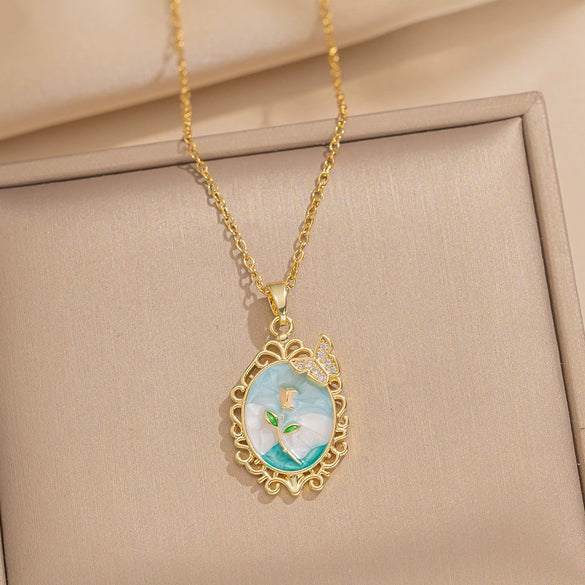 Women's Oil Painting Style Leaf Shaped Necklace Copper Titanium Steel Baroque Elegant Niche Light Luxury French Retro Allmatch Electroplated In Vacuum Furnace