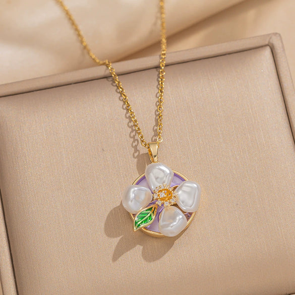 Women's Oil Painting Style Leaf Shaped Necklace Copper Titanium Steel Baroque Elegant Niche Light Luxury French Retro Allmatch Electroplated In Vacuum Furnace