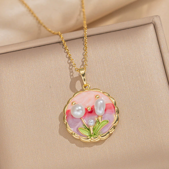 Women's Oil Painting Style Leaf Shaped Necklace Copper Titanium Steel Baroque Elegant Niche Light Luxury French Retro Allmatch Electroplated In Vacuum Furnace