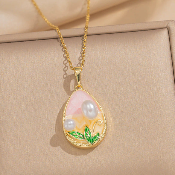 Women's Oil Painting Style Leaf Shaped Necklace Copper Titanium Steel Baroque Elegant Niche Light Luxury French Retro Allmatch Electroplated In Vacuum Furnace