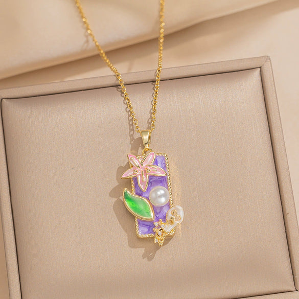 Women's Oil Painting Style Leaf Shaped Necklace Copper Titanium Steel Baroque Elegant Niche Light Luxury French Retro Allmatch Electroplated In Vacuum Furnace