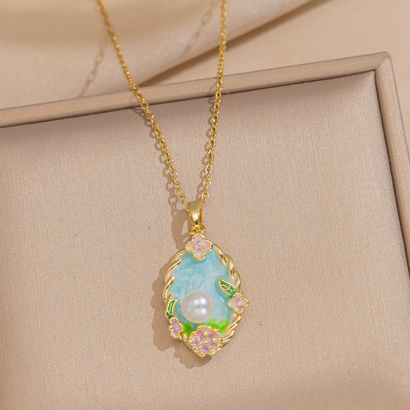 Women's Oil Painting Style Leaf Shaped Necklace Copper Titanium Steel Baroque Elegant Niche Light Luxury French Retro Allmatch Electroplated In Vacuum Furnace