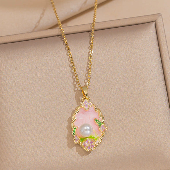 Women's Oil Painting Style Leaf Shaped Necklace Copper Titanium Steel Baroque Elegant Niche Light Luxury French Retro Allmatch Electroplated In Vacuum Furnace