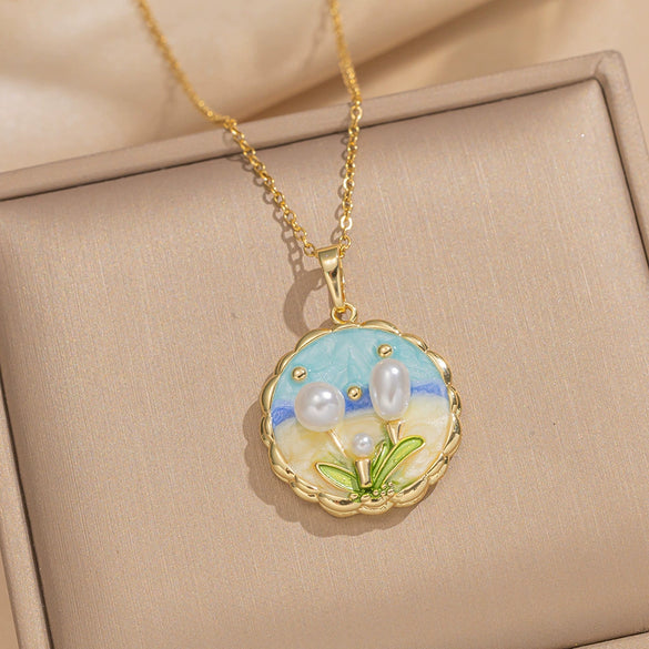 Women's Oil Painting Style Leaf Shaped Necklace Copper Titanium Steel Baroque Elegant Niche Light Luxury French Retro Allmatch Electroplated In Vacuum Furnace