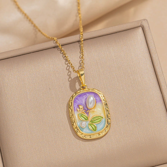 Women's Oil Painting Style Leaf Shaped Necklace Copper Titanium Steel Baroque Elegant Niche Light Luxury French Retro Allmatch Electroplated In Vacuum Furnace