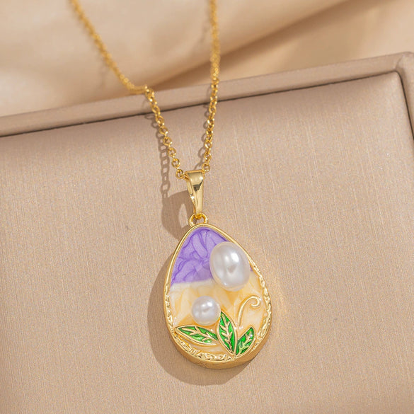 Women's Oil Painting Style Leaf Shaped Necklace Copper Titanium Steel Baroque Elegant Niche Light Luxury French Retro Allmatch Electroplated In Vacuum Furnace