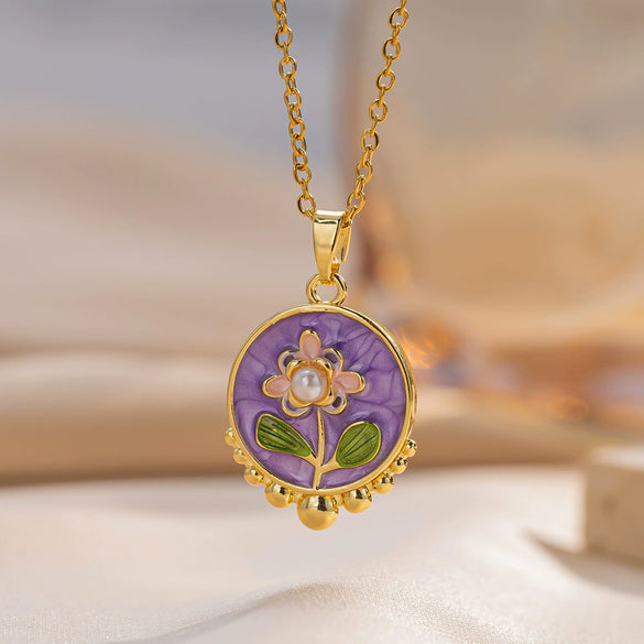 Women's Oil Painting Style Leaf Shaped Necklace Copper Titanium Steel Baroque Elegant Niche Light Luxury French Retro Allmatch Electroplated In Vacuum Furnace