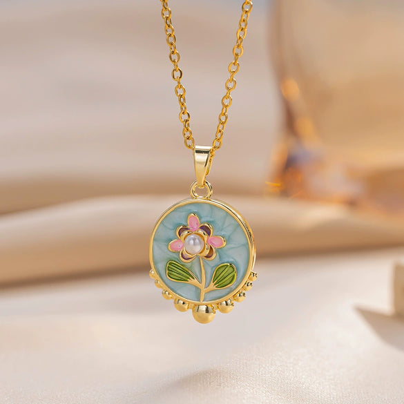 Women's Oil Painting Style Leaf Shaped Necklace Copper Titanium Steel Baroque Elegant Niche Light Luxury French Retro Allmatch Electroplated In Vacuum Furnace