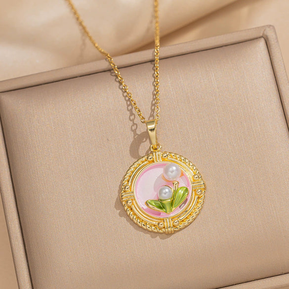 Women's Oil Painting Style Leaf Shaped Necklace Copper Titanium Steel Baroque Elegant Niche Light Luxury French Retro Allmatch Electroplated In Vacuum Furnace