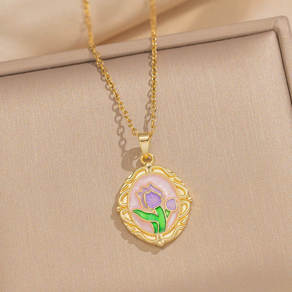 Women's Oil Painting Style Leaf Shaped Necklace Copper Titanium Steel Baroque Elegant Niche Light Luxury French Retro Allmatch Electroplated In Vacuum Furnace