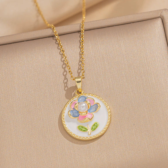 Women's Oil Painting Style Leaf Shaped Necklace Copper Titanium Steel Baroque Elegant Niche Light Luxury French Retro Allmatch Electroplated In Vacuum Furnace