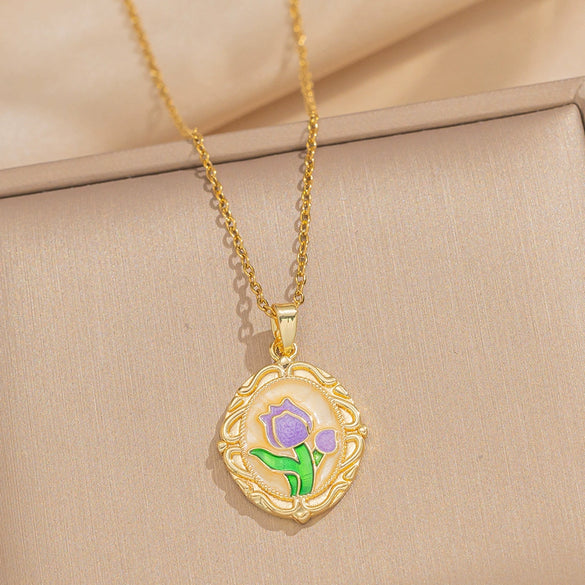 Women's Oil Painting Style Leaf Shaped Necklace Copper Titanium Steel Baroque Elegant Niche Light Luxury French Retro Allmatch Electroplated In Vacuum Furnace