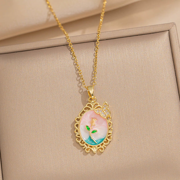 Women's Oil Painting Style Leaf Shaped Necklace Copper Titanium Steel Baroque Elegant Niche Light Luxury French Retro Allmatch Electroplated In Vacuum Furnace