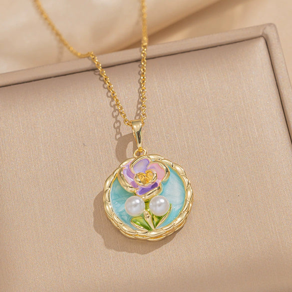 Women's Oil Painting Style Leaf Shaped Necklace Copper Titanium Steel Baroque Elegant Niche Light Luxury French Retro Allmatch Electroplated In Vacuum Furnace