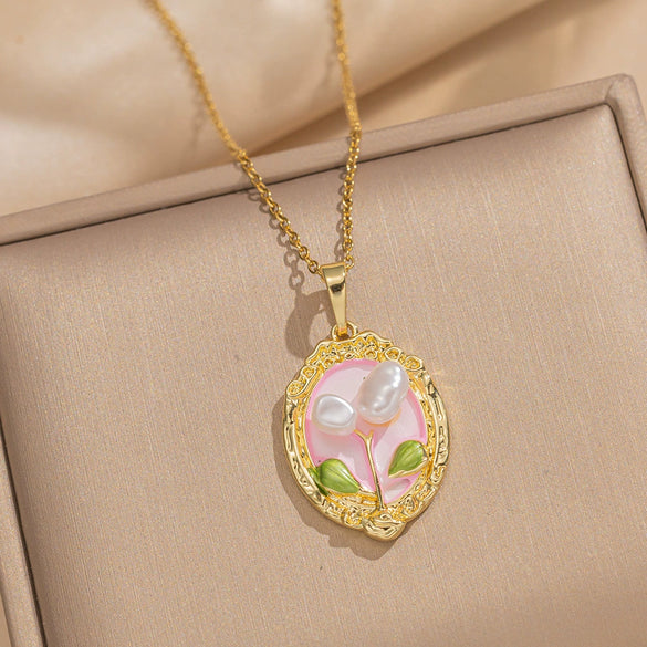 Women's Oil Painting Style Leaf Shaped Necklace Copper Titanium Steel Baroque Elegant Niche Light Luxury French Retro Allmatch Electroplated In Vacuum Furnace