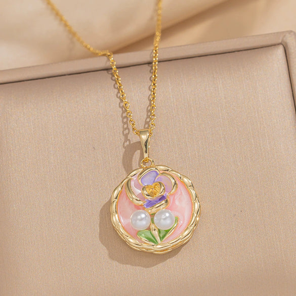 Women's Oil Painting Style Leaf Shaped Necklace Copper Titanium Steel Baroque Elegant Niche Light Luxury French Retro Allmatch Electroplated In Vacuum Furnace