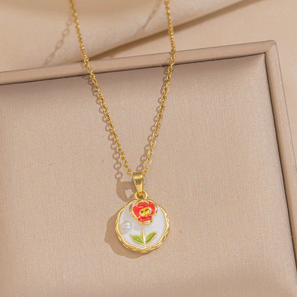 Women's Oil Painting Style Leaf Shaped Necklace Copper Titanium Steel Baroque Elegant Niche Light Luxury French Retro Allmatch Electroplated In Vacuum Furnace