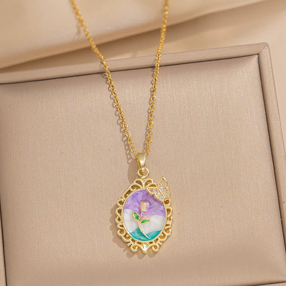 Women's Oil Painting Style Leaf Shaped Necklace Copper Titanium Steel Baroque Elegant Niche Light Luxury French Retro Allmatch Electroplated In Vacuum Furnace