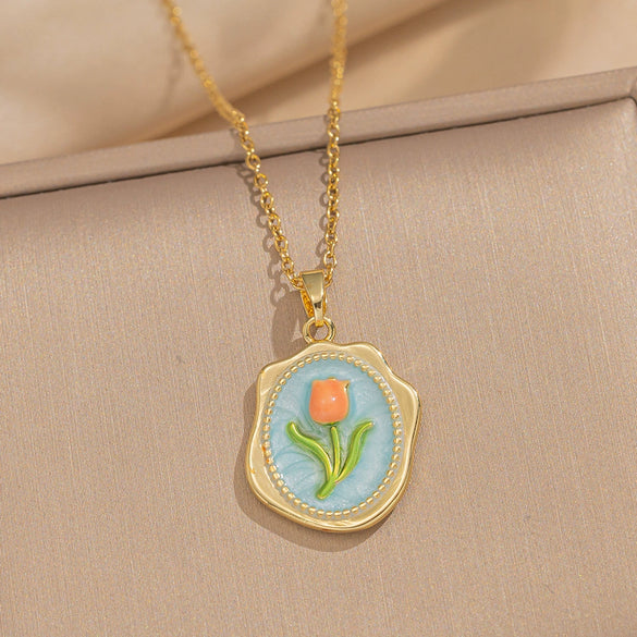 Women's Oil Painting Style Leaf Shaped Necklace Copper Titanium Steel Baroque Elegant Niche Light Luxury French Retro Allmatch Electroplated In Vacuum Furnace