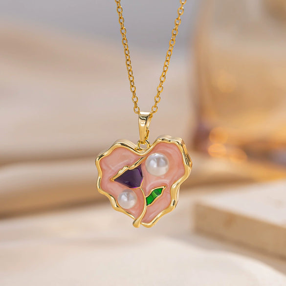 Women's Oil Painting Style Leaf Shaped Necklace Copper Titanium Steel Baroque Elegant Niche Light Luxury French Retro Allmatch Electroplated In Vacuum Furnace