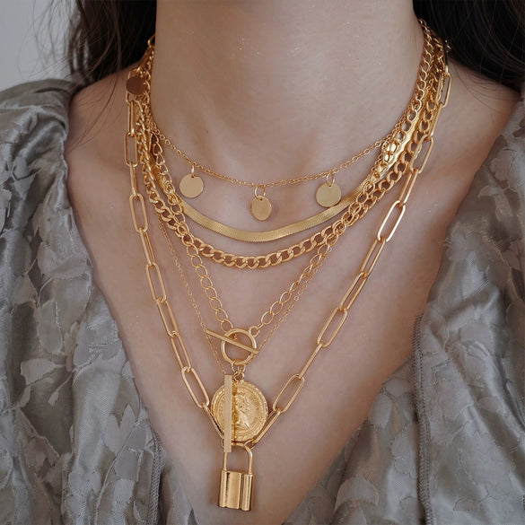 Women's Old Money Style Alloy Coin Disc Tassel Necklace Set With Geometric Round Zinc Alloy Pendants And Polished Electroplated Finish
