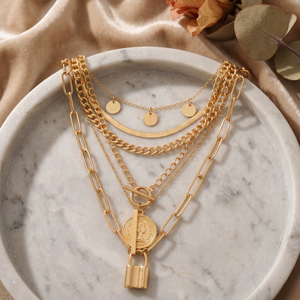 Women's Old Money Style Alloy Coin Disc Tassel Necklace Set With Geometric Round Zinc Alloy Pendants And Polished Electroplated Finish