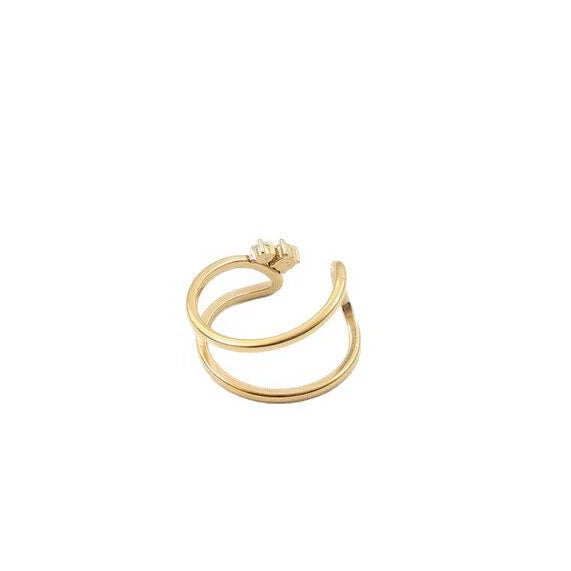 Women's Open End Titanium Steel Ring With Zirconia And 18K Gold Electroplated Geometric Floral Design
