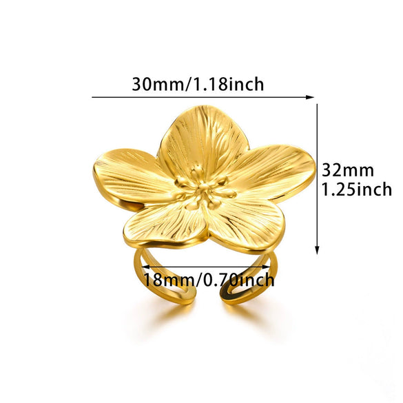 Women's Open Flower Ring In Goldplated Stainless Steel Fivepetal Floral Design With Textured Botanical Style