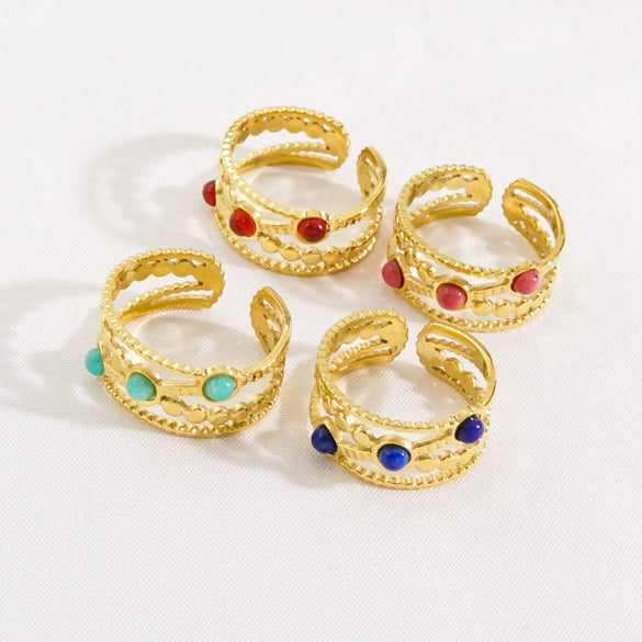 Women's Open Ring Stainless Steel Natural Stone Gem Inlaid Geometric Handmade Fine Polishing Furnace Vacuum