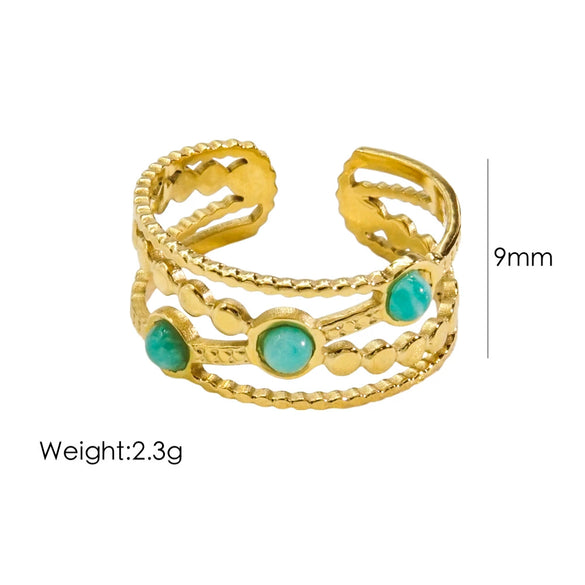 Women's Open Ring Stainless Steel Natural Stone Gem Inlaid Geometric Handmade Fine Polishing Furnace Vacuum