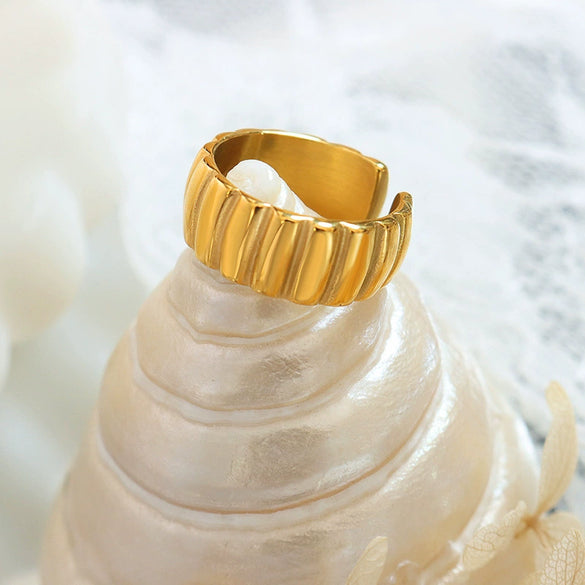 Women's Open Ring 316L Stainless Steel Geometric Striped 18K Gold Electroplated