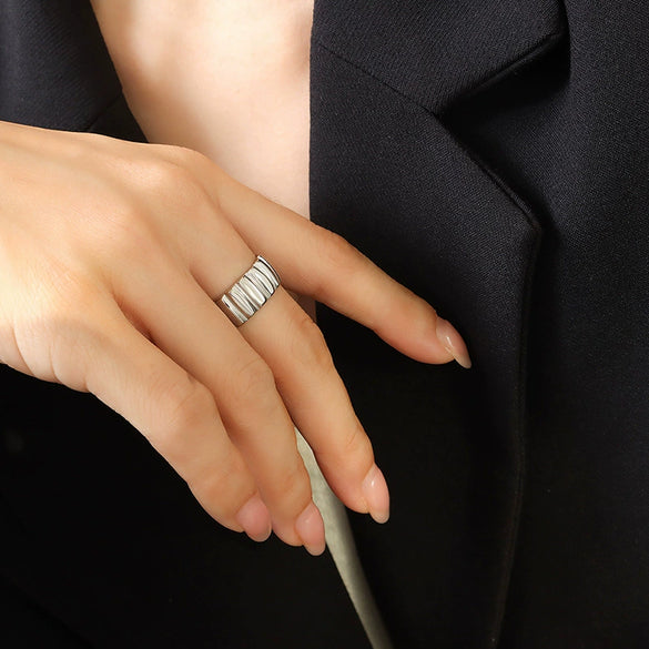 Women's Open Ring 316L Stainless Steel Geometric Striped 18K Gold Electroplated