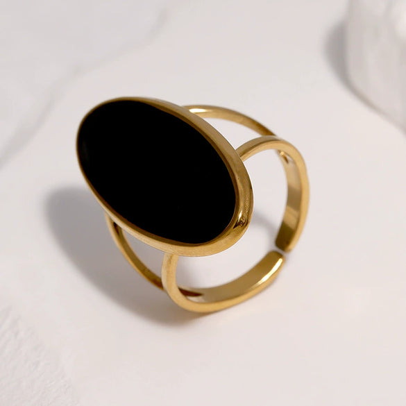 Women's Open Stainless Steel Ring With Electroplated Vintage Geometric Oval Design