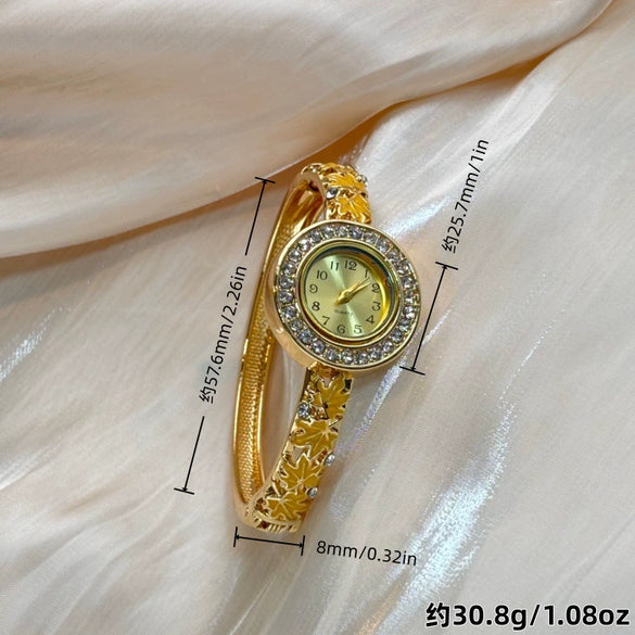 Women's Openwork Maple Leaf Enamel Bracelet Quartz Watch With Gemstone And Diamond Inlay And Buckle Closure
