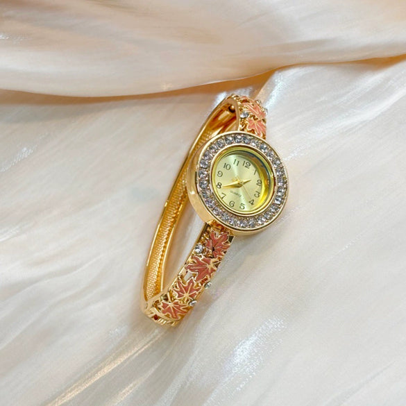 Women's Openwork Maple Leaf Enamel Bracelet Quartz Watch With Gemstone And Diamond Inlay And Buckle Closure