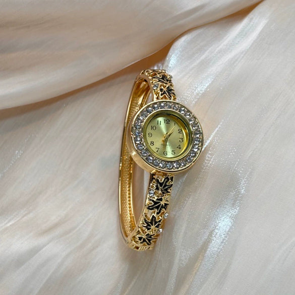 Women's Openwork Maple Leaf Enamel Bracelet Quartz Watch With Gemstone And Diamond Inlay And Buckle Closure