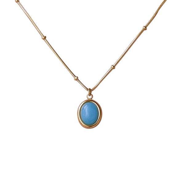Women's Oval Aquamarine Pendant Necklace In Titanium Steel With Snake Bone Chain And Gold Plated Geometric Clavicle Chain Design