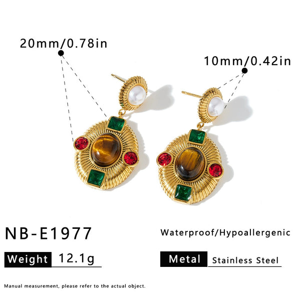 Women's Oval Geometric Stainless Steel Earrings With Zircon Pearl And Tiger Eye Stone Design 18K Vacuum Plated Finish