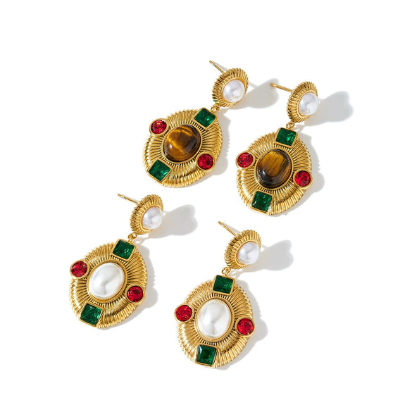 Women's Oval Geometric Stainless Steel Earrings With Zircon Pearl And Tiger Eye Stone Design 18K Vacuum Plated Finish