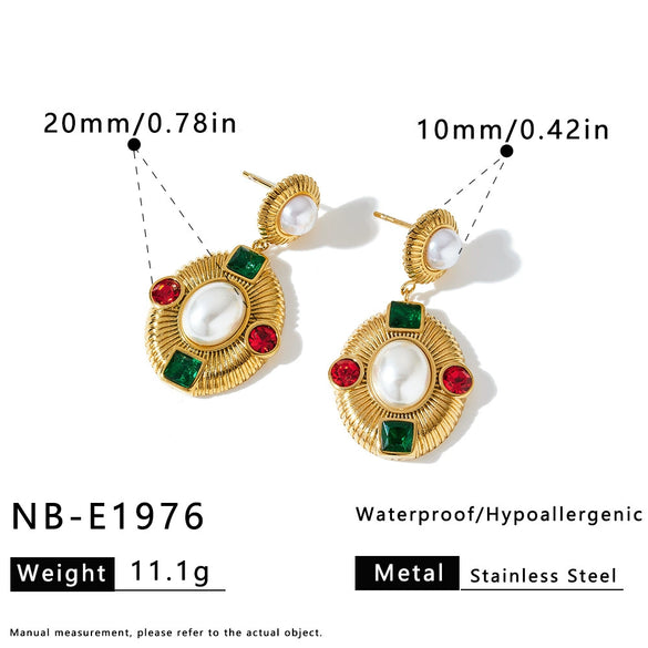 Women's Oval Geometric Stainless Steel Earrings With Zircon Pearl And Tiger Eye Stone Design 18K Vacuum Plated Finish