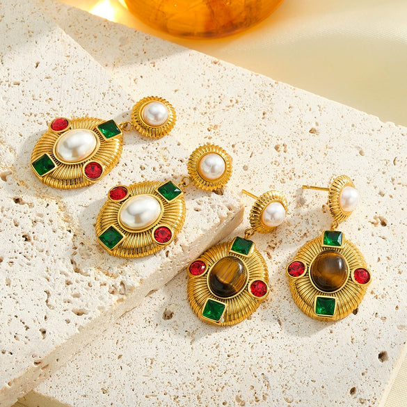 Women's Oval Geometric Stainless Steel Earrings With Zircon Pearl And Tiger Eye Stone Design 18K Vacuum Plated Finish