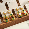 Women's Oval Geometric Stainless Steel Earrings With Zircon Pearl And Tiger Eye Stone Design 18K Vacuum Plated Finish