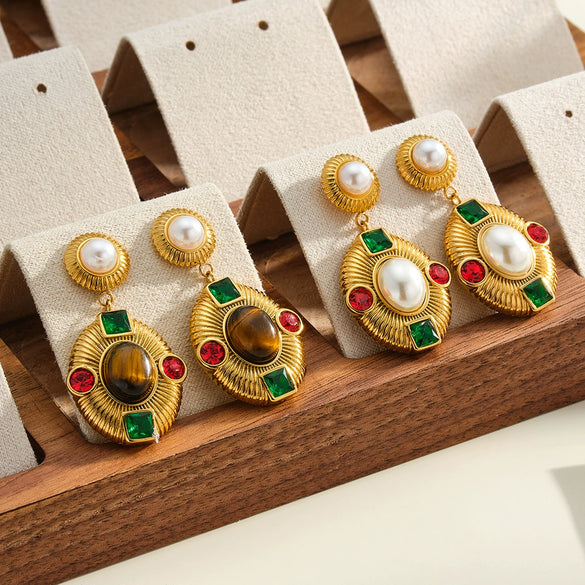Women's Oval Geometric Stainless Steel Earrings With Zircon Pearl And Tiger Eye Stone Design 18K Vacuum Plated Finish