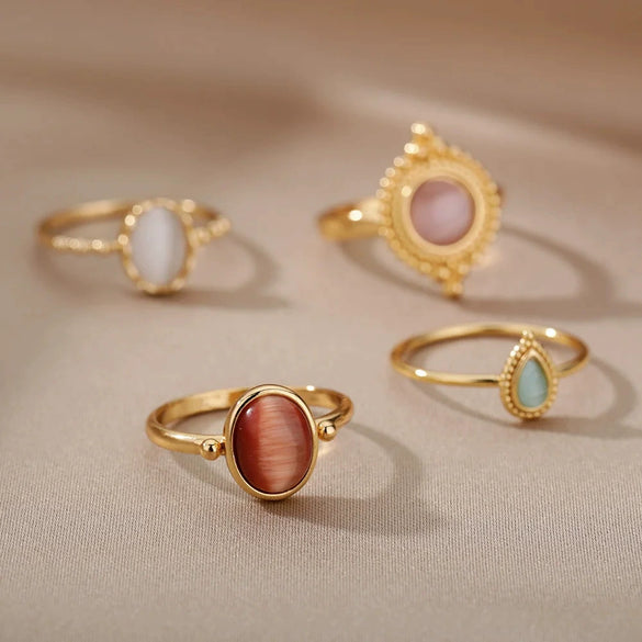 Women's Oval Half Stone Open Ring In Titanium And Stainless Steel With Electroplating