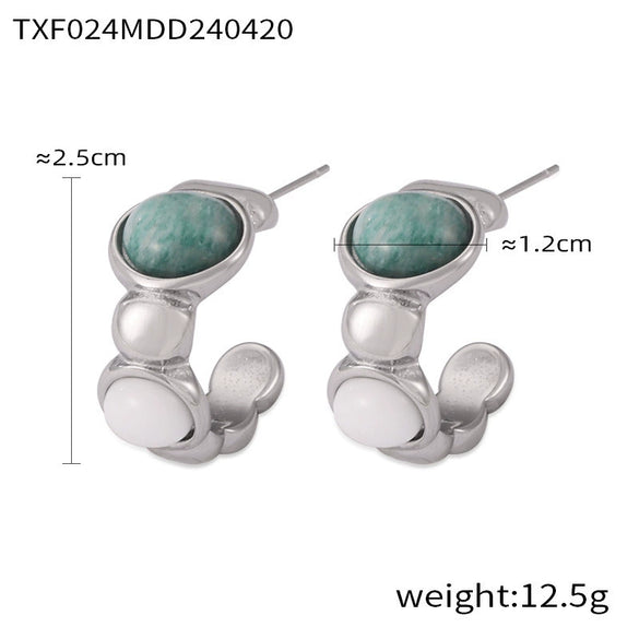 Women's Oval Natural Stone And Titanium Steel Open Bracelet Earrings Ring Suit With Gold Plated Electroplating In Simple Geometric Style