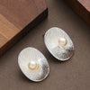 Women's Oval Spiral Texture Pearl Stud Earrings Geometric Copper Design With Ecofriendly Electroplated Finish