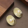 Women's Oval Spiral Texture Pearl Stud Earrings Geometric Copper Design With Ecofriendly Electroplated Finish
